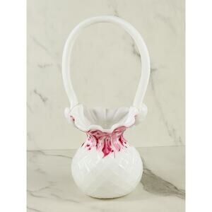 Vase Ruffled Rime w/ Face on Handle 11" Art Milk Glass Basket 80's White Pink